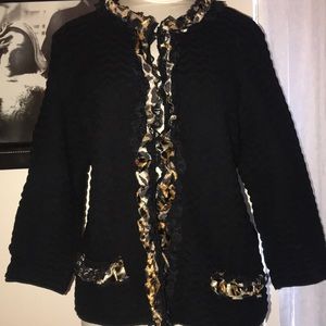 Chicos Sz 3 Black Jacket w/Lace & Leopard Ruffles